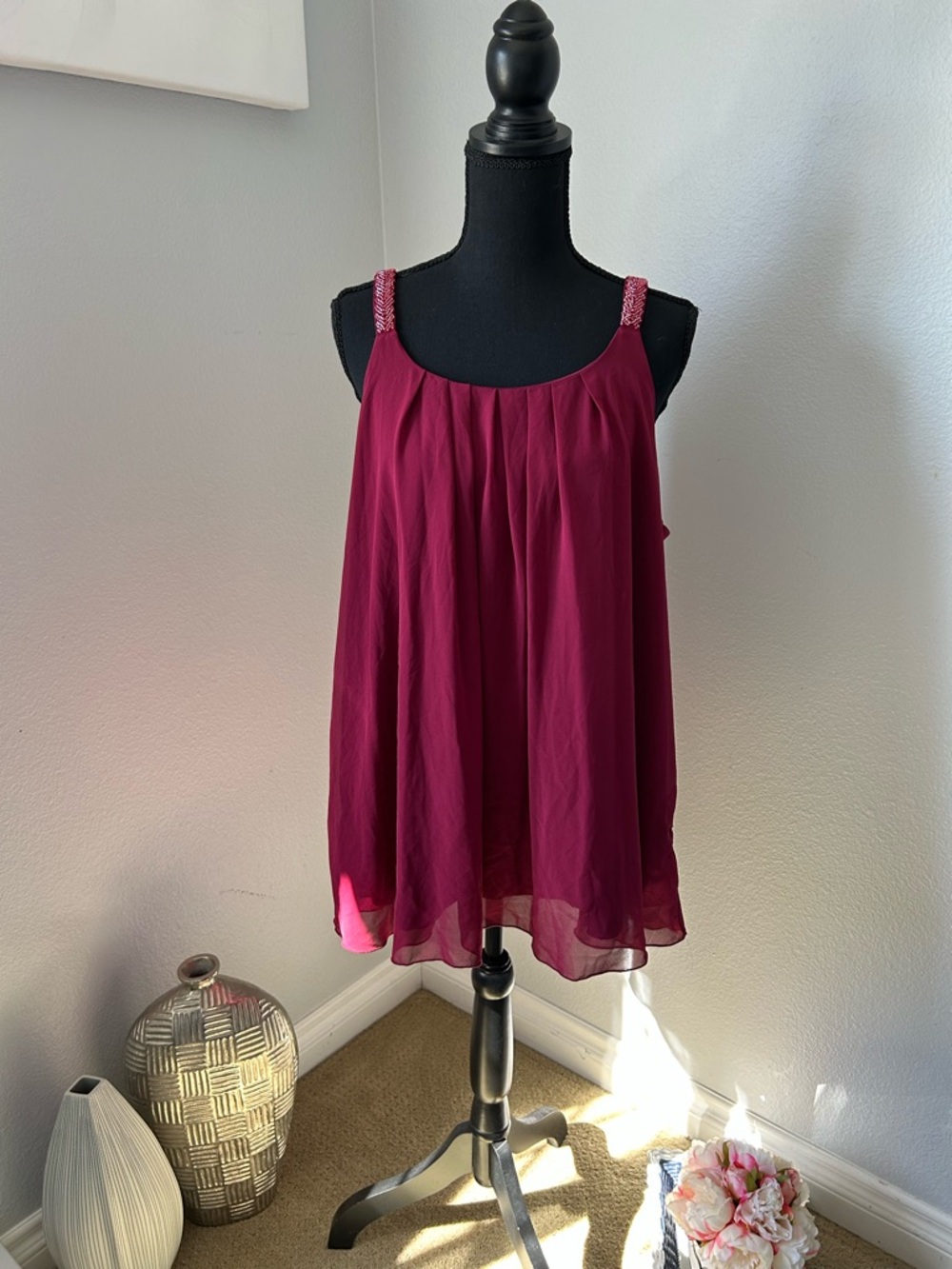 Women's Sleeveless Beaded Strap Chiffon Tank Top - Berry